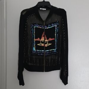 West 36 Black Sheer Silk Zipper Up Top Jacket with Graphic Design Used Like New